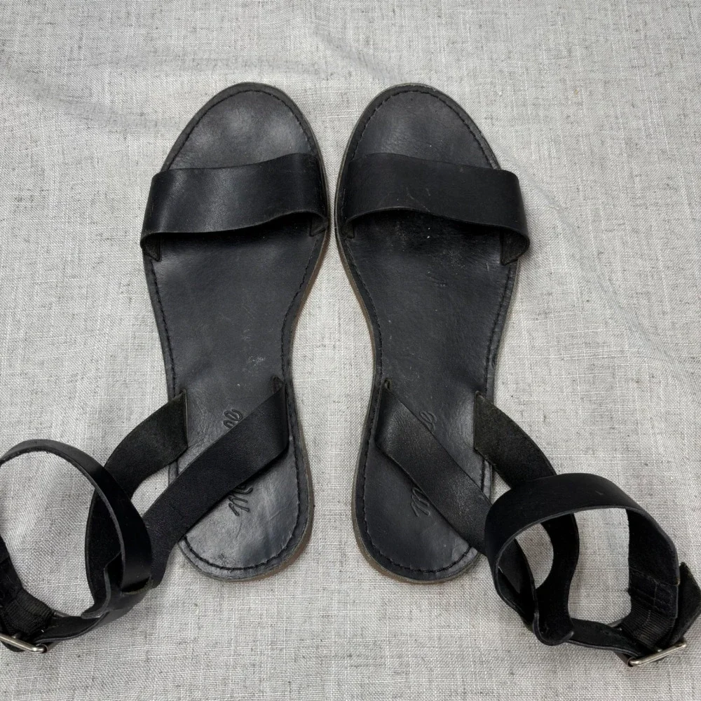Madewell The Boardwalk Ankle Wrap Sandal Black Leather Flat Ankle Women's Size 9